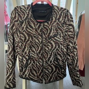 Zara Tweed Blazer Metallic Wool Zebra Print Raw Hem Red Size Small